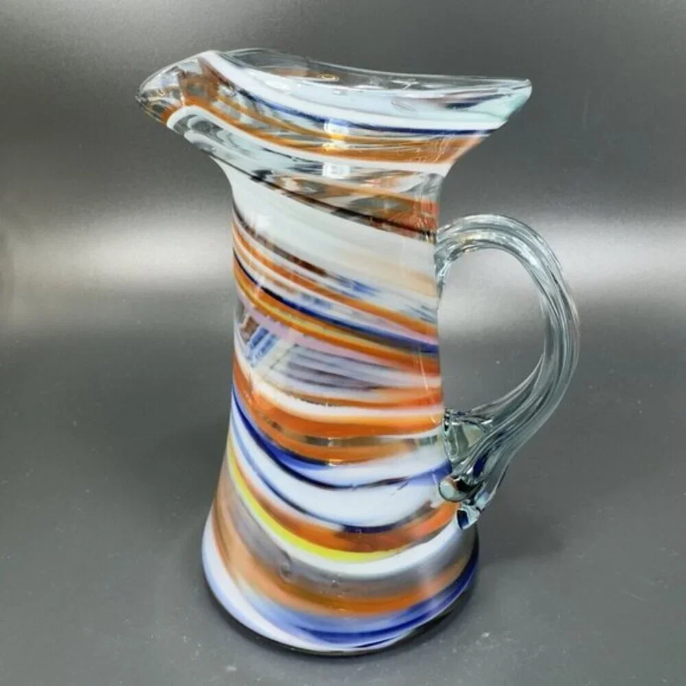 Smiths Old Timer Hand Made Multi Swirl Glass Pitcher Carafe‎ Jug Applied Handle